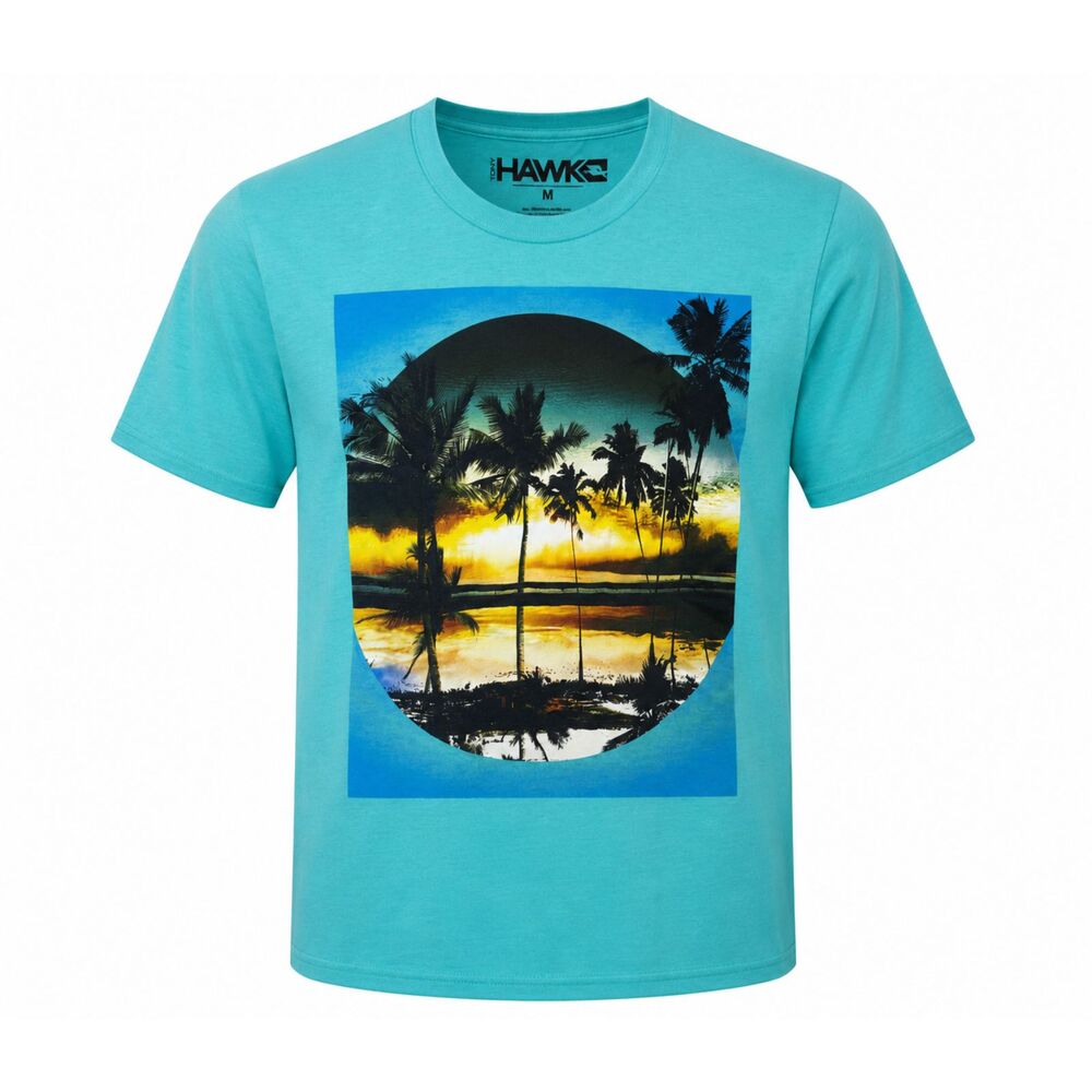 Tony Hawk Tropical Sunset Palm Tree Graphic T-Shirt Aqua Blue Men's M